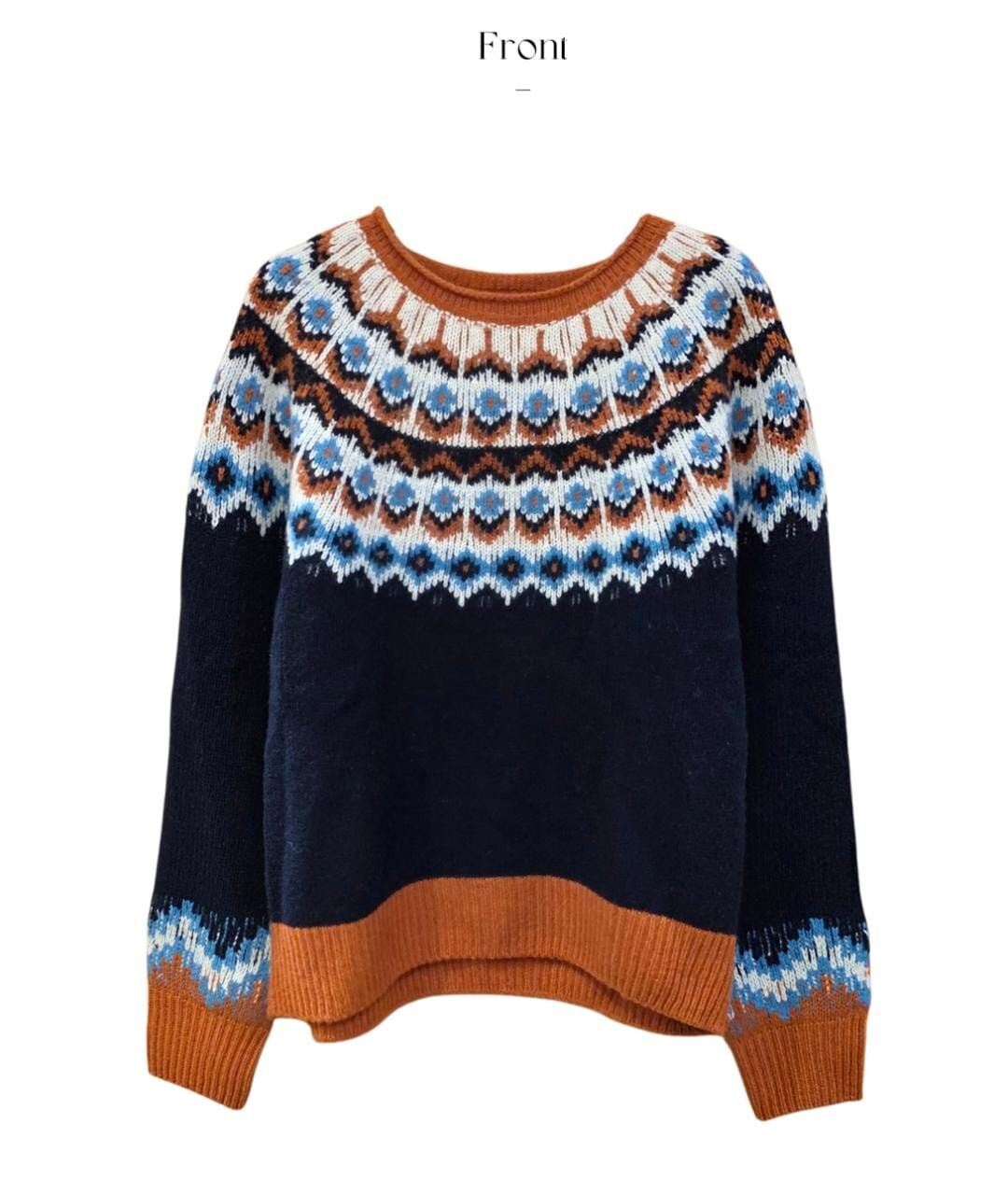 KM5442 冷暖撞色復古花紋毛衣