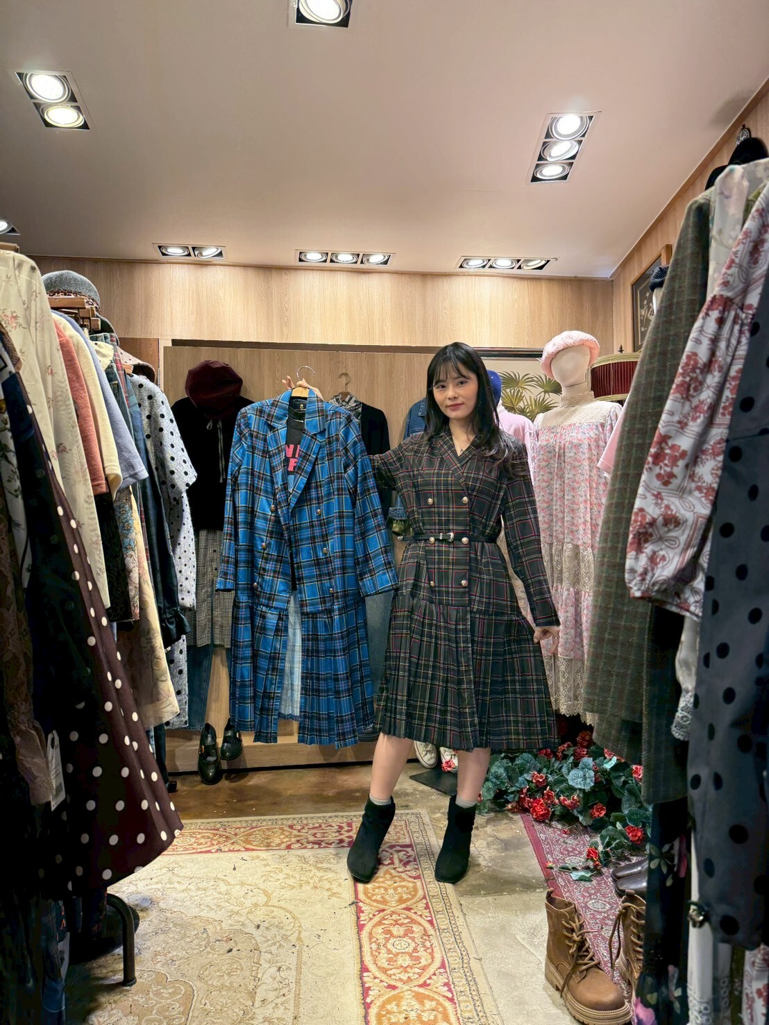 KM5413 文青雙排扣格紋連身裙