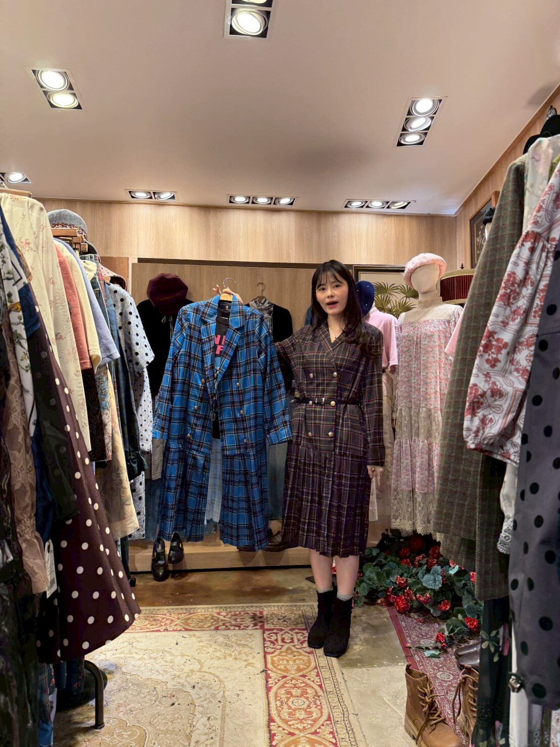 KM5413 文青雙排扣格紋連身裙