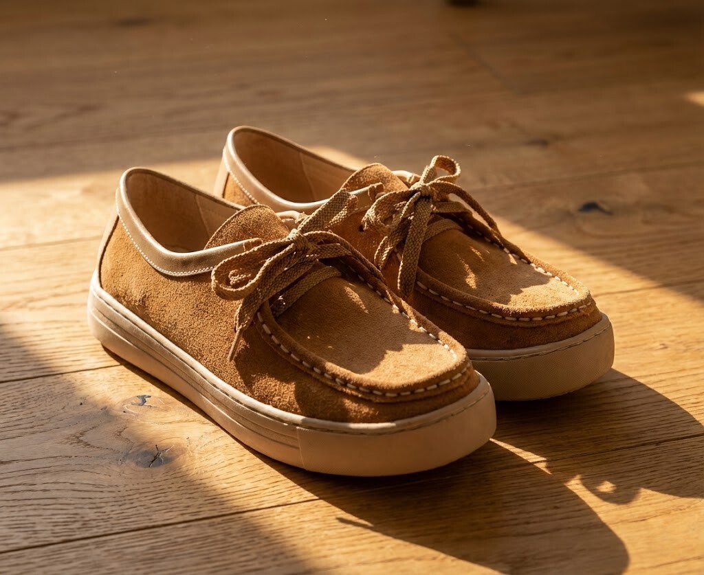 Sanly Joy 莉維亞真皮麂皮袋鼠鞋特寫，展示經典方頭寬楦設計與質感牛麂皮，強調 City Boy 風格必備的日系復古單品。