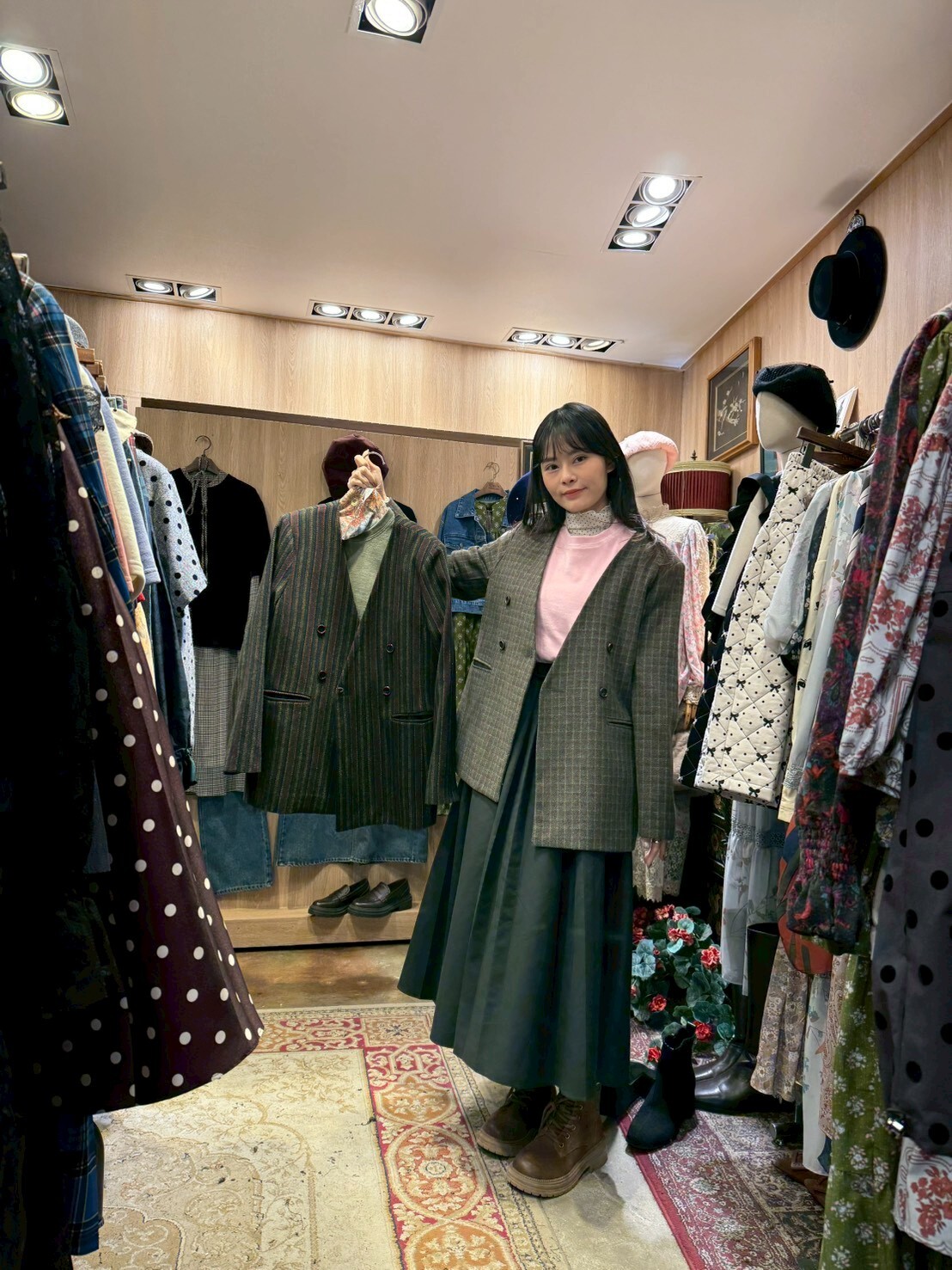 KM5409 無領格紋雙排扣外套