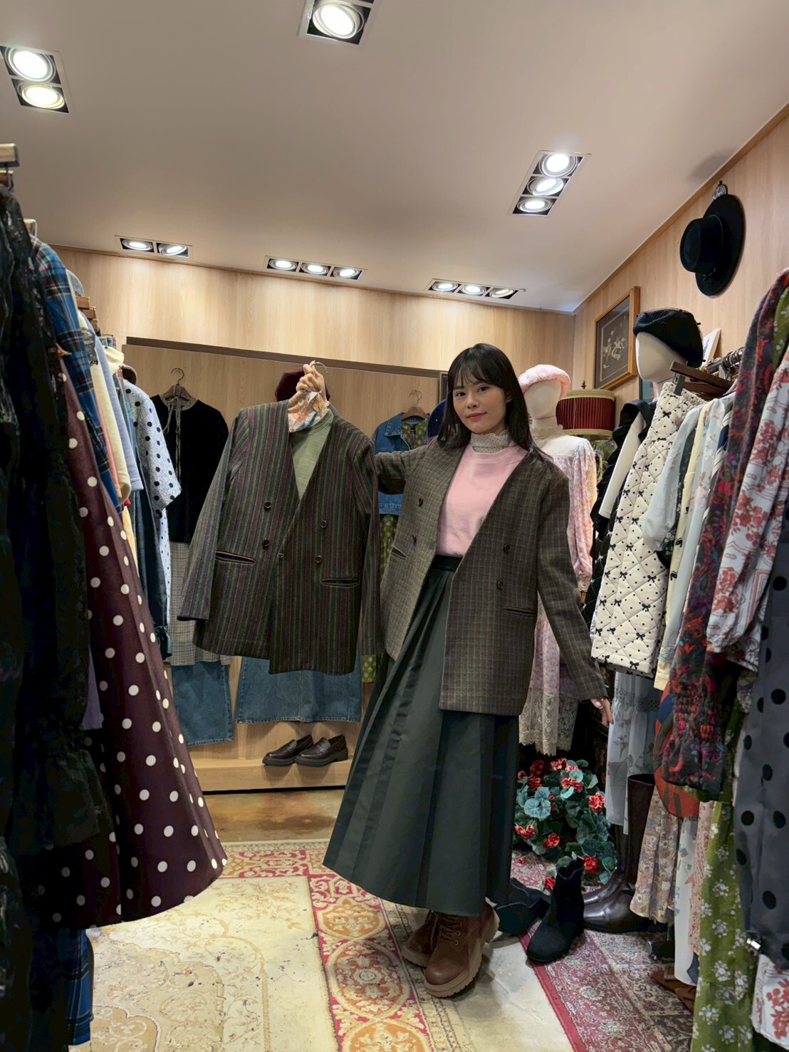 KM5409 無領格紋雙排扣外套