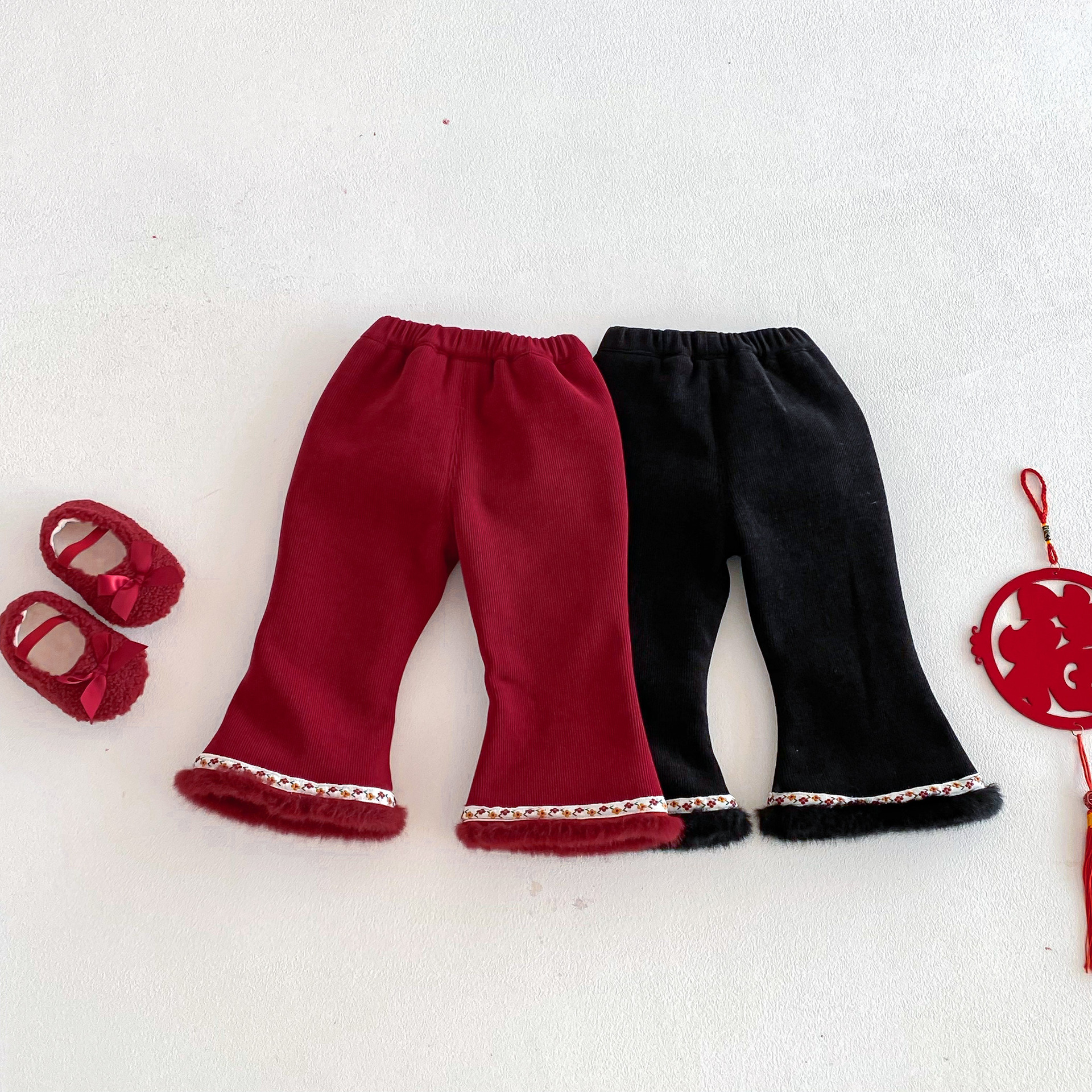 【H0251】女寶繡花奧利絨加厚喇叭褲(73-120)