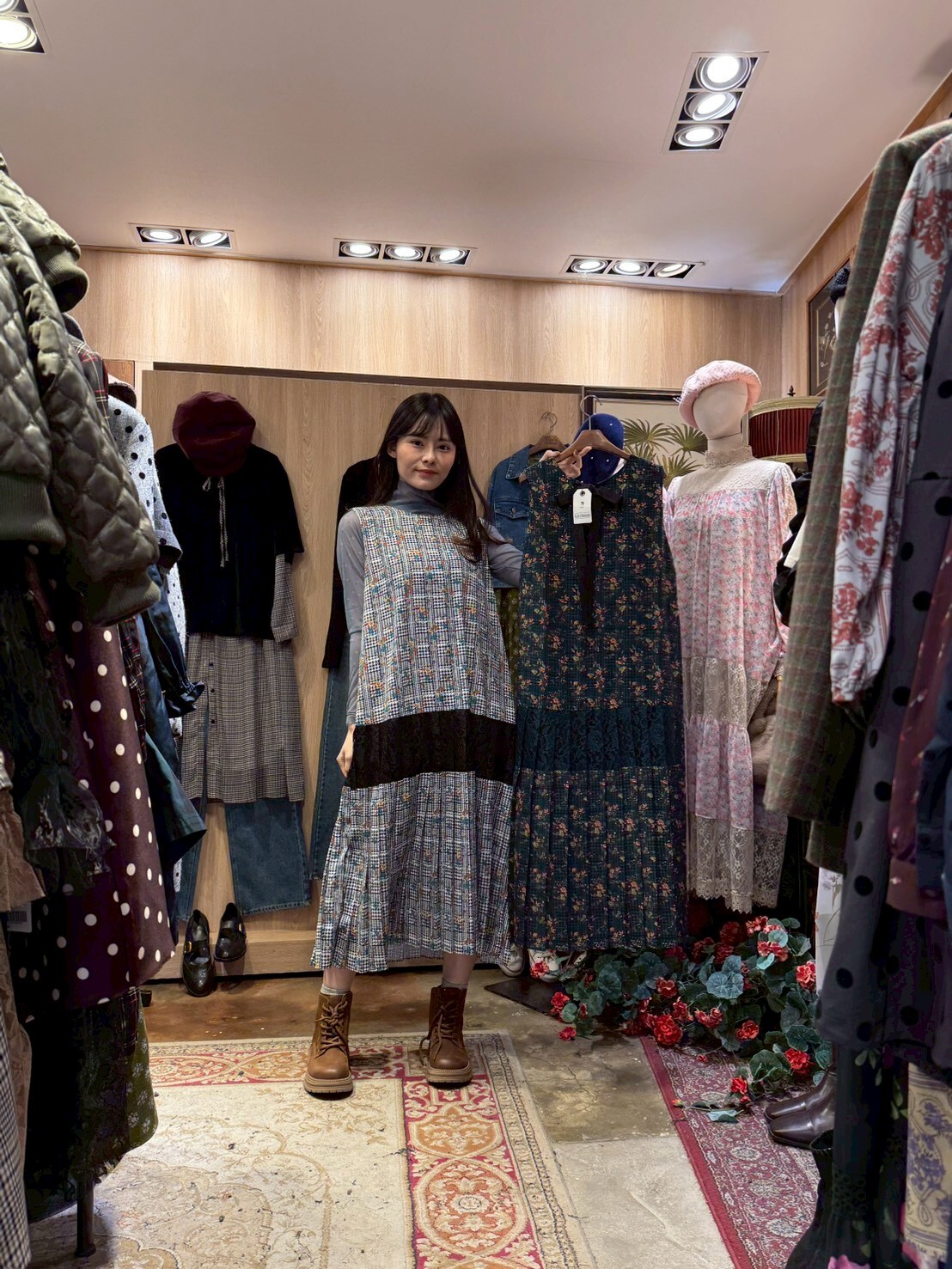 KM5423 千鳥格紋碎花背心連身裙