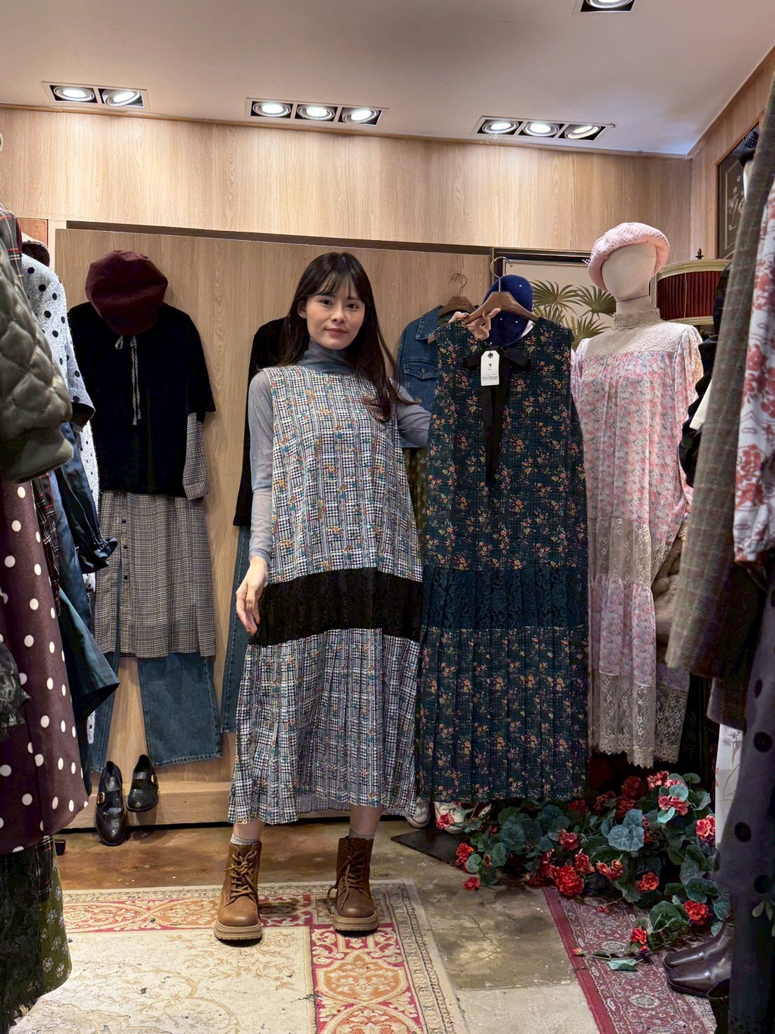 KM5423 千鳥格紋碎花背心連身裙