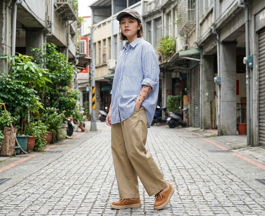 City Boy 風格女生穿搭示範，利用寬鬆襯衫與卡其褲搭配 Sanly Joy 麂皮袋鼠鞋，展現日系中性帥氣感，適合寬腳板女生的舒適時尚造型。