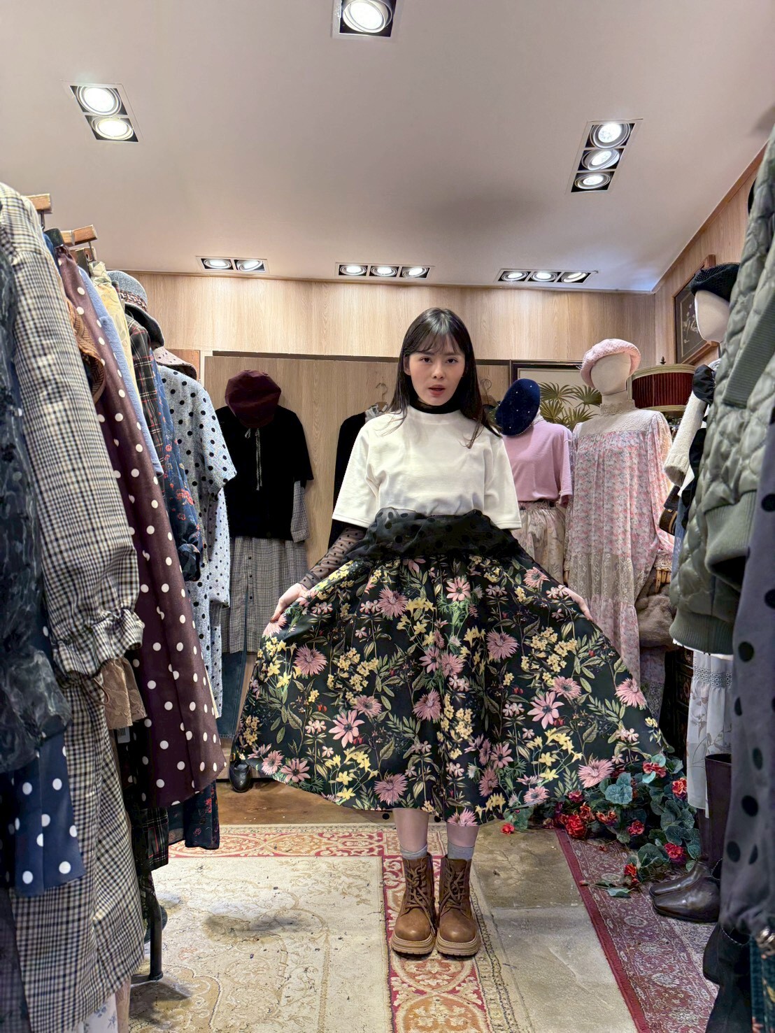 KM5431 油畫花朵點點透紗裙