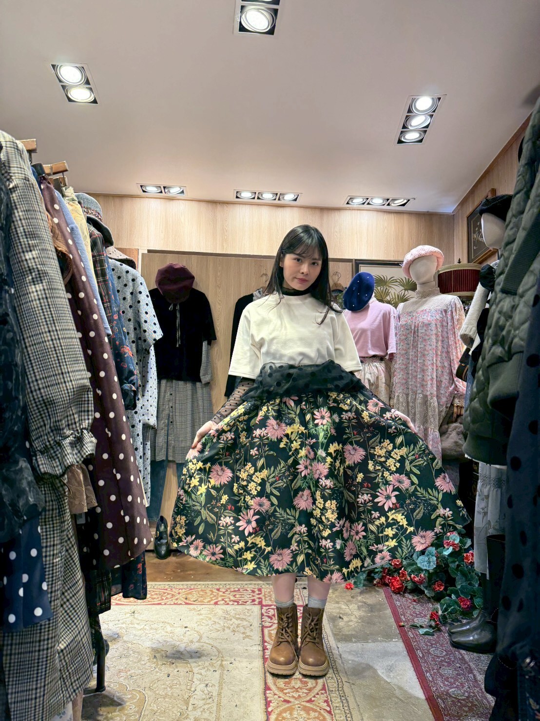 KM5431 油畫花朵點點透紗裙