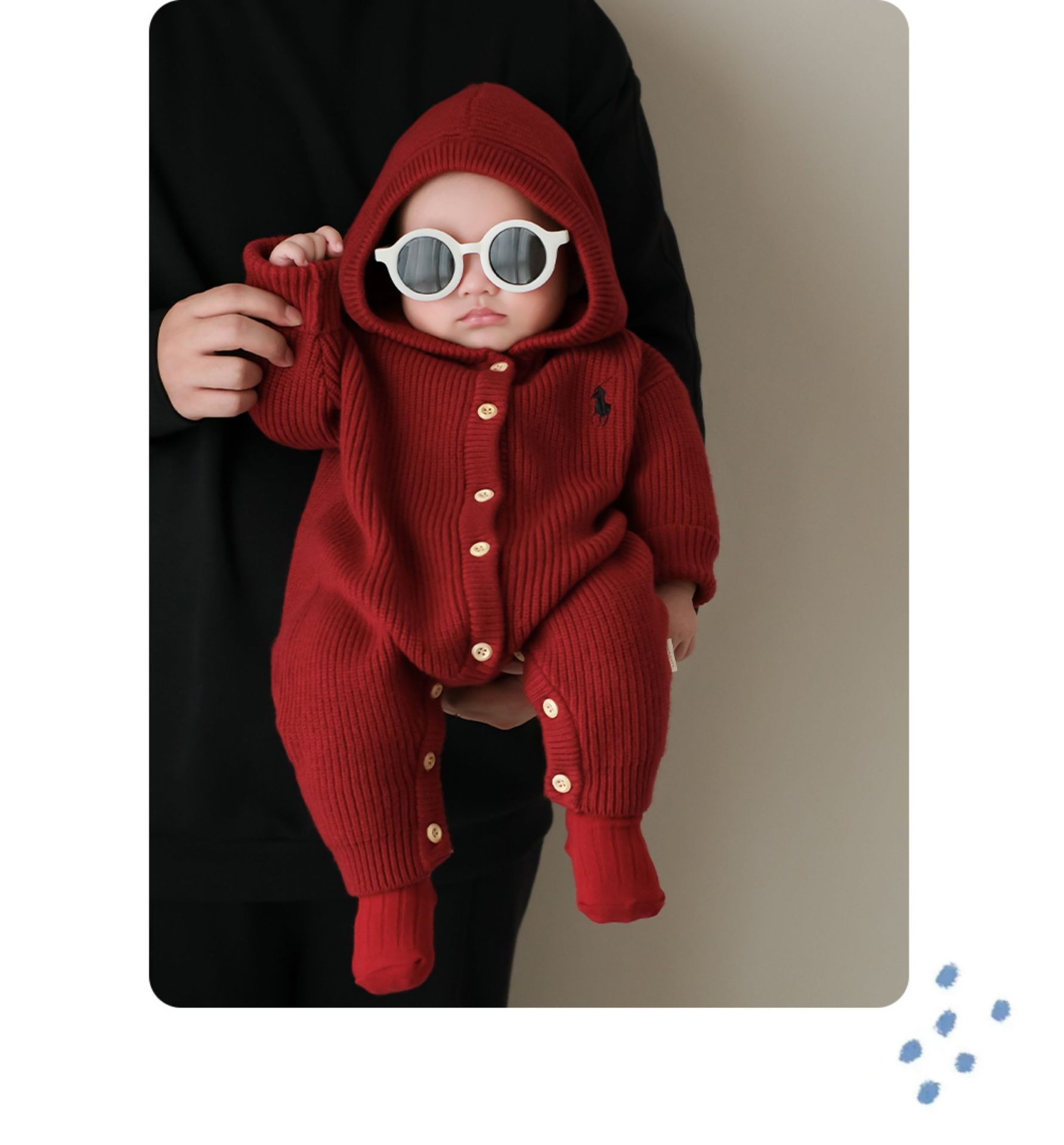 【H0252】拜年必備~~連帽刺繡小馬厚磅針織連腳爬服(66-90)