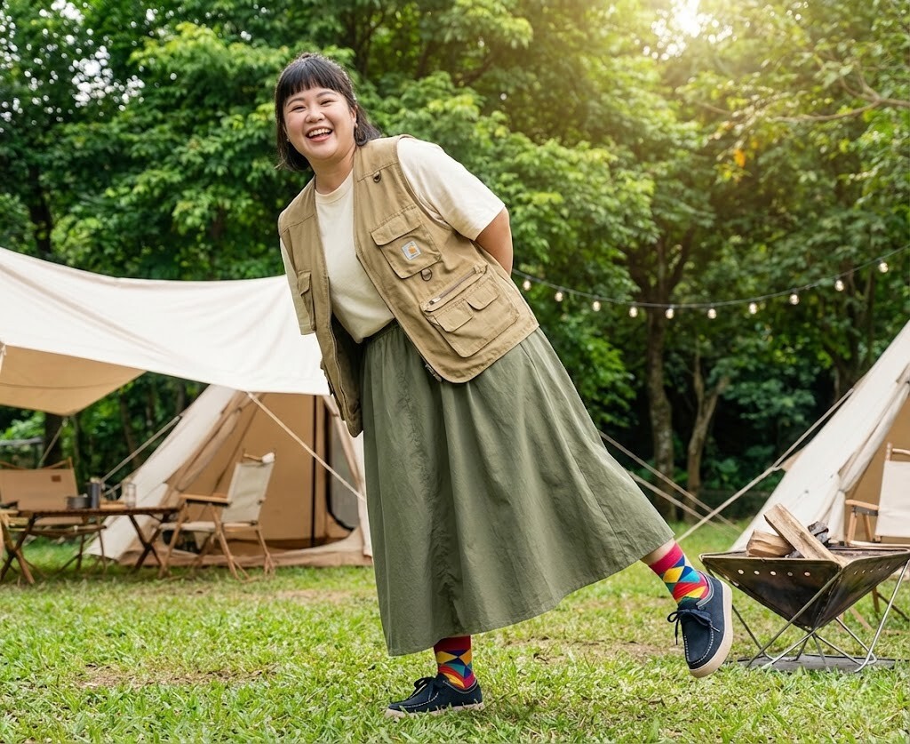 Yama Girl 山系女孩穿搭靈感，Sanly Joy 麂皮袋鼠鞋搭配工裝背心與針織堆堆襪，營造可愛笨重感 (Clunky Chic)，是戶外露營與城市漫遊皆宜的機能風造型。