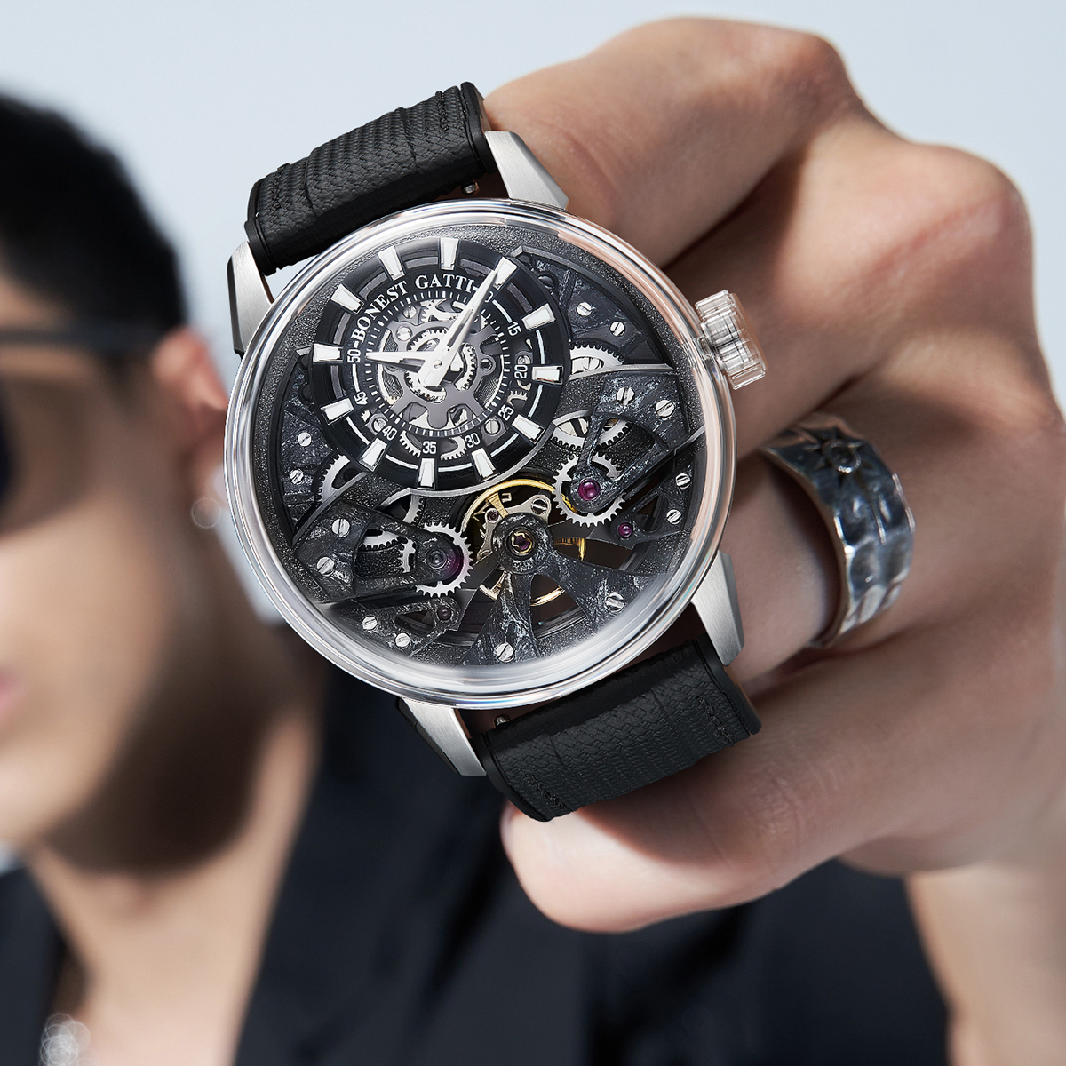 (預購)【Bonest Gatti 布加迪】BG4002 雙面鏤空 碳纖維 夜光 快拆式錶帶 機械 手錶