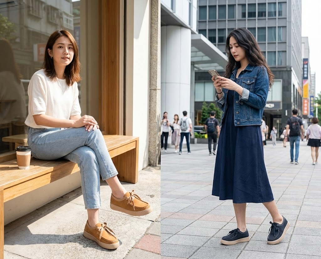 Sanly Joy 麂皮袋鼠鞋的寬楦舒適度與日系慵懶感優勢，適合追求 City Boy 風格與舒適腳感的女生。