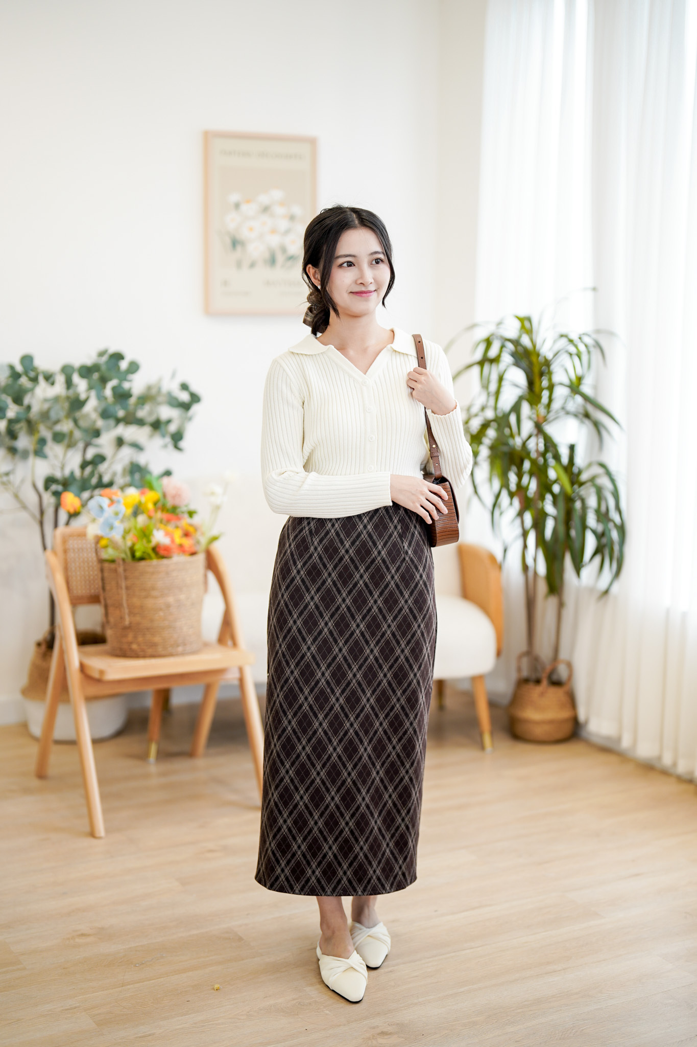 SK598 Woodland Checkered Pencil Long Skirt