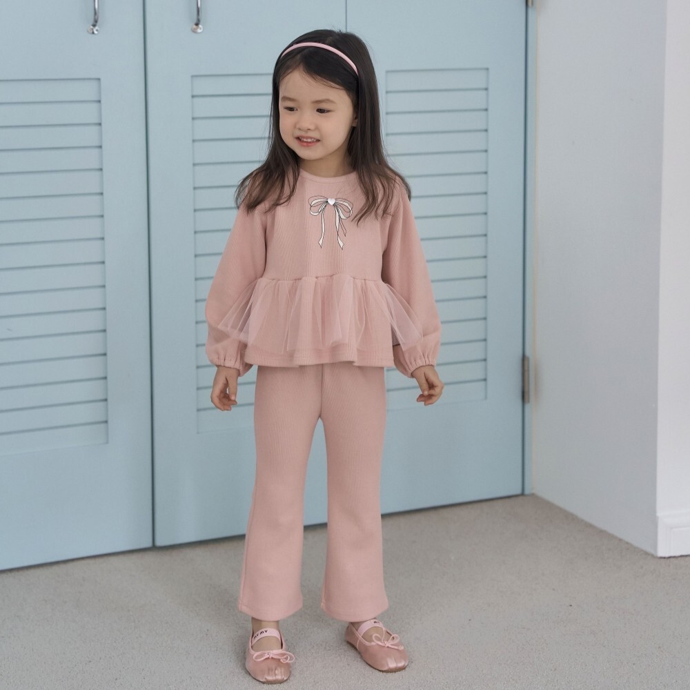 90-130 蝴蝶結拼紗喇叭褲套裝