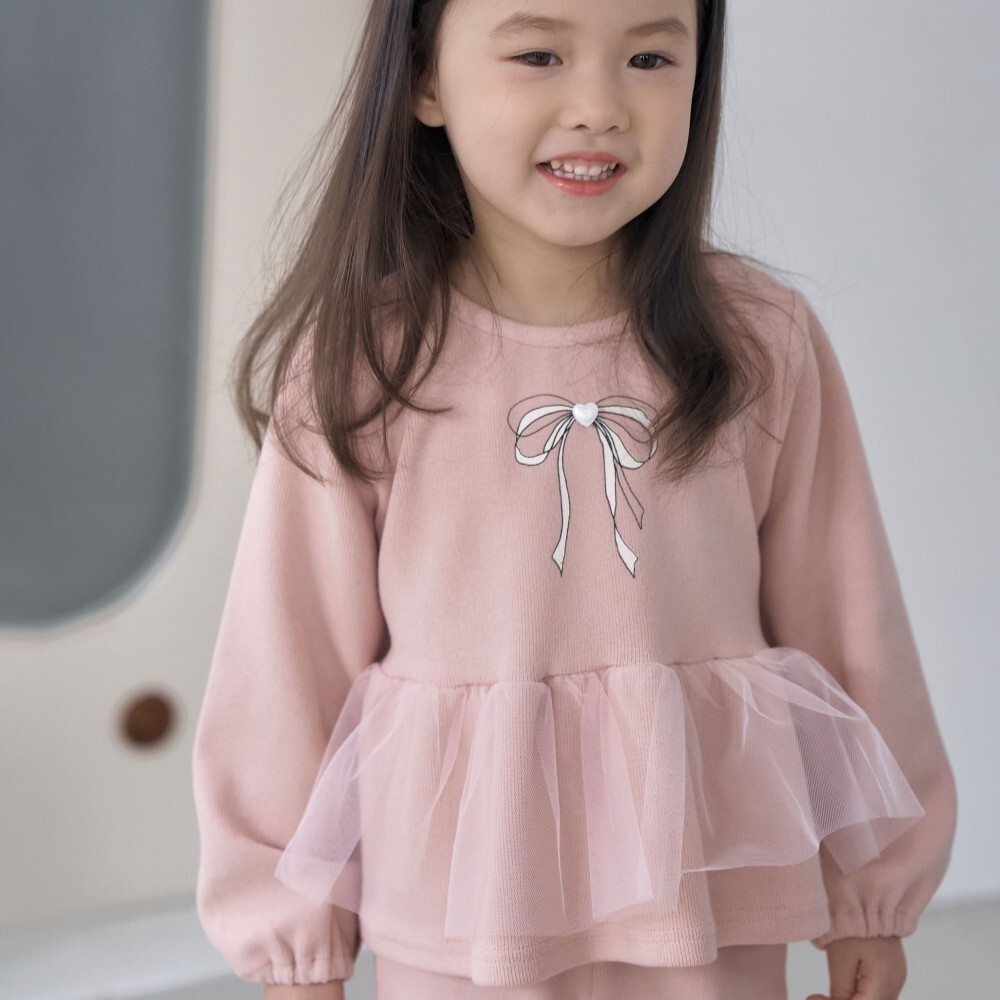 90-130 蝴蝶結拼紗喇叭褲套裝