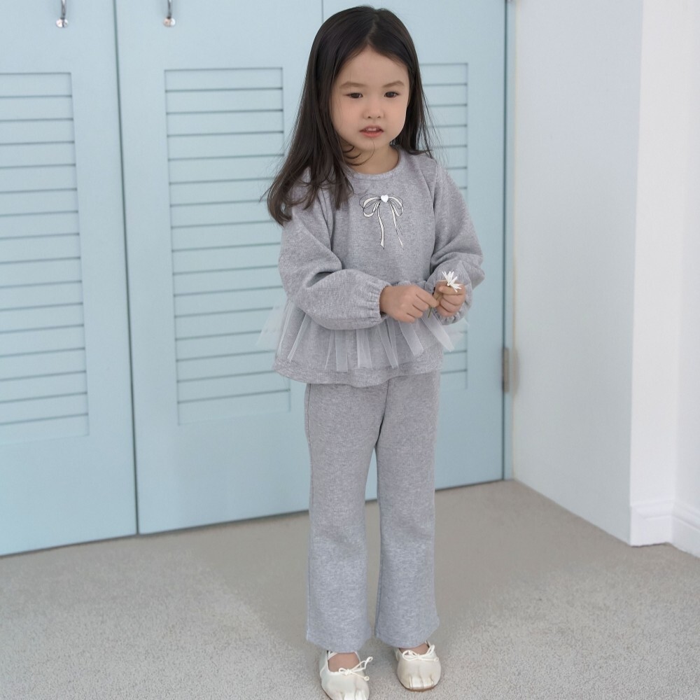 90-130 蝴蝶結拼紗喇叭褲套裝