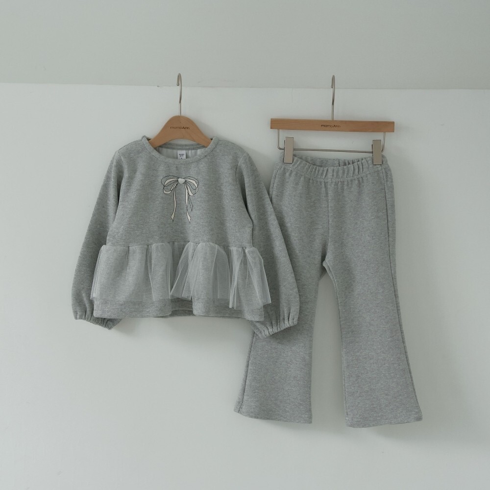 90-130 蝴蝶結拼紗喇叭褲套裝