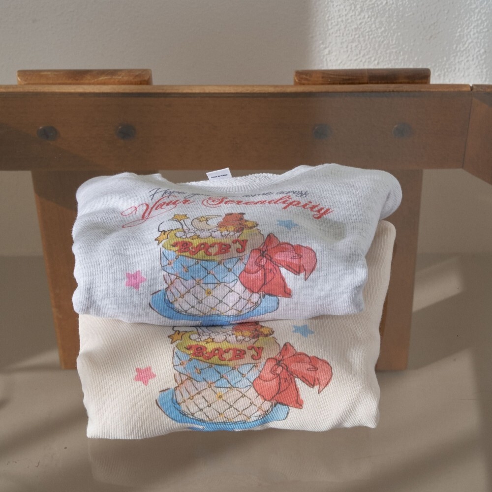 90-140 小熊蛋糕印花大學T 2色