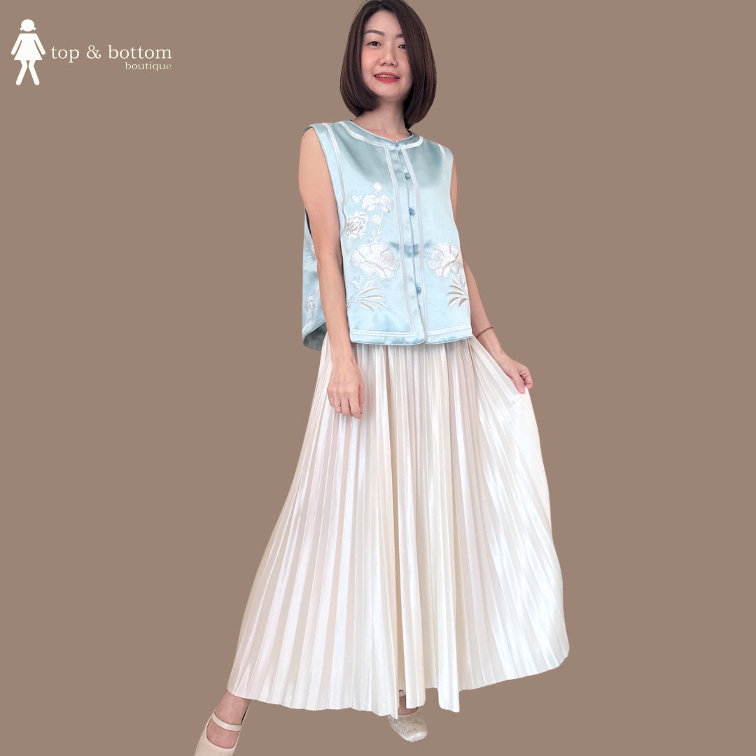 ELASTIC WAISTED SATIN PLEATED LONG SKIRT