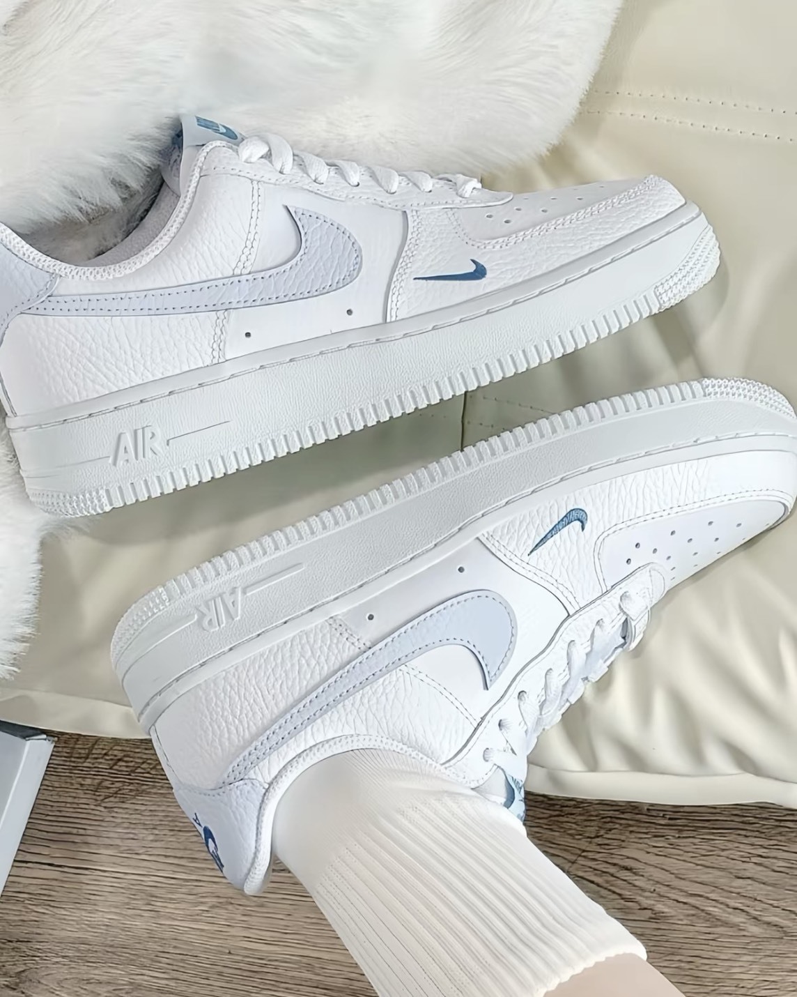 <奶呼呼>Nike Air Force 1 Af1 荔枝皮革 淺藍 小藍勾 寶寶藍