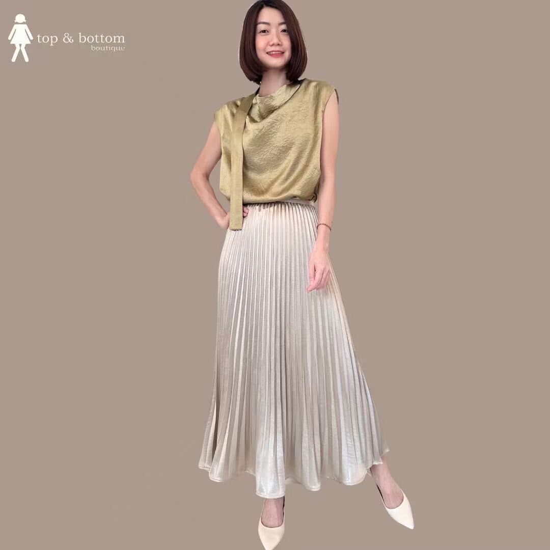 SOLID SATIN V SLEEVE COWL NECK BLOUSE