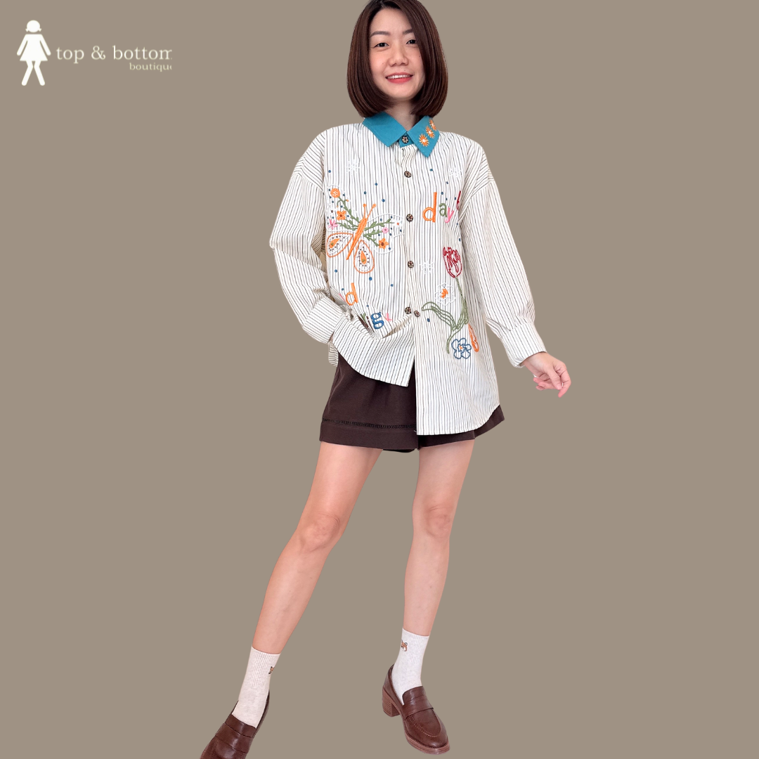 EMBROIDERED COLLAR STRIPED LONG SHIRT