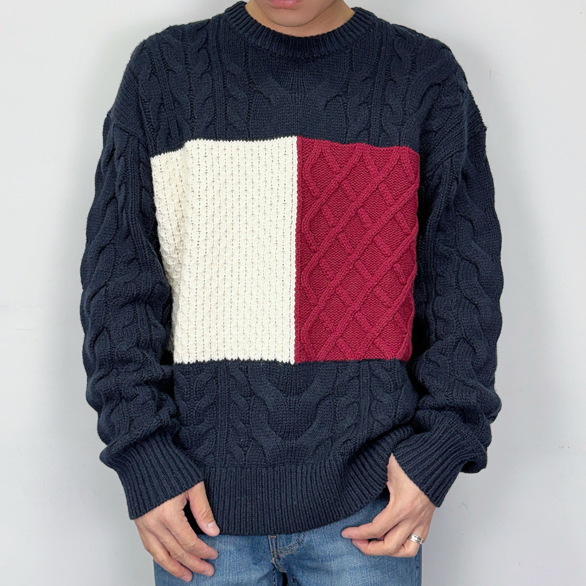 Tommy Hilfiger 羊毛 重磅 粗針織 麻花拼接 針織衫 毛衣