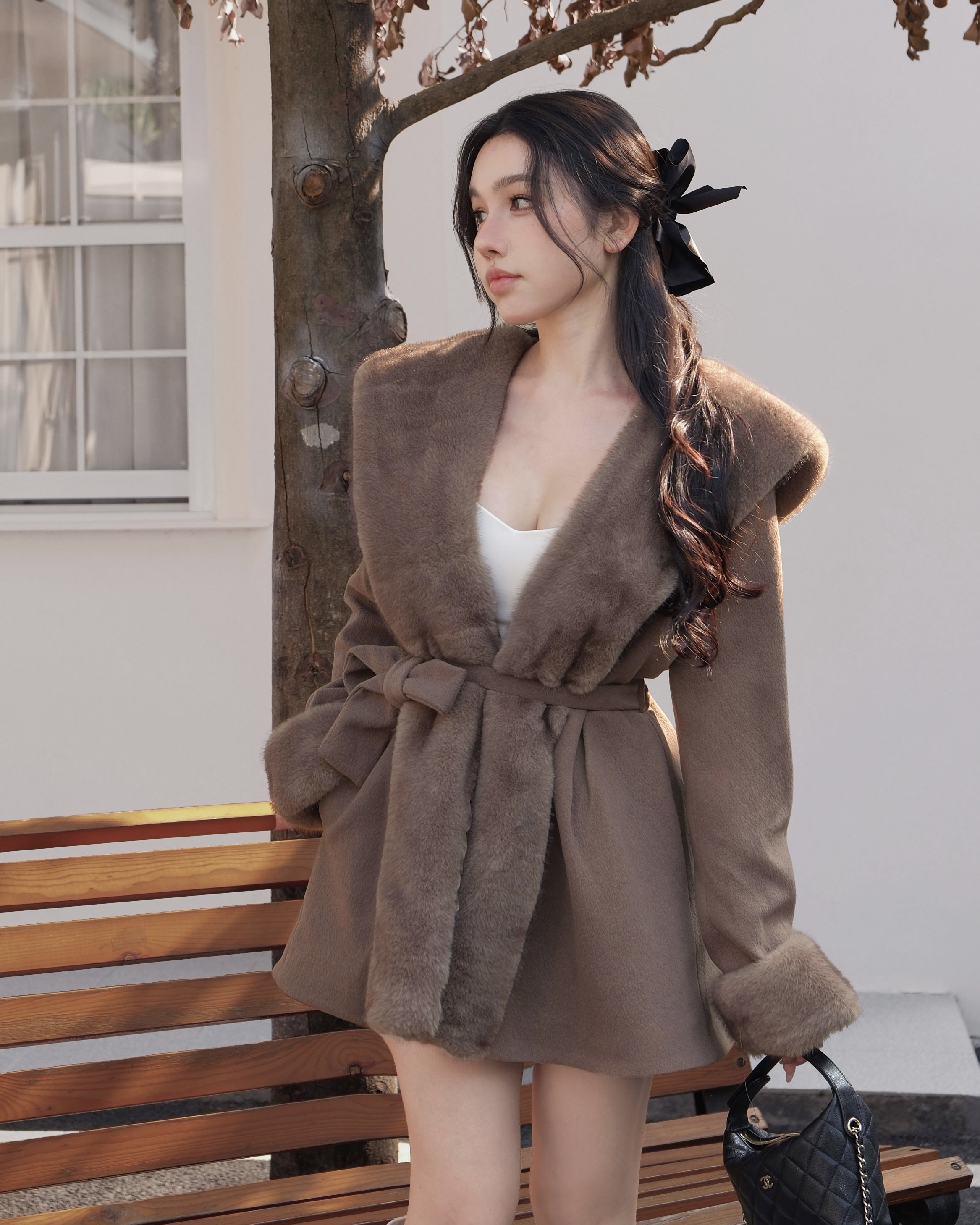 訂製-甜美毛翻領連帽收腰傘襬外套