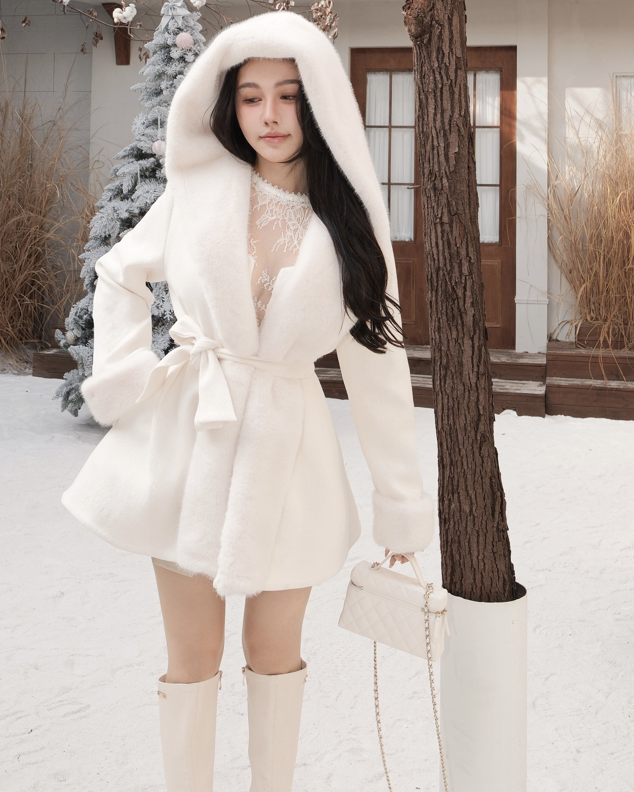 訂製-甜美毛翻領連帽收腰傘襬外套