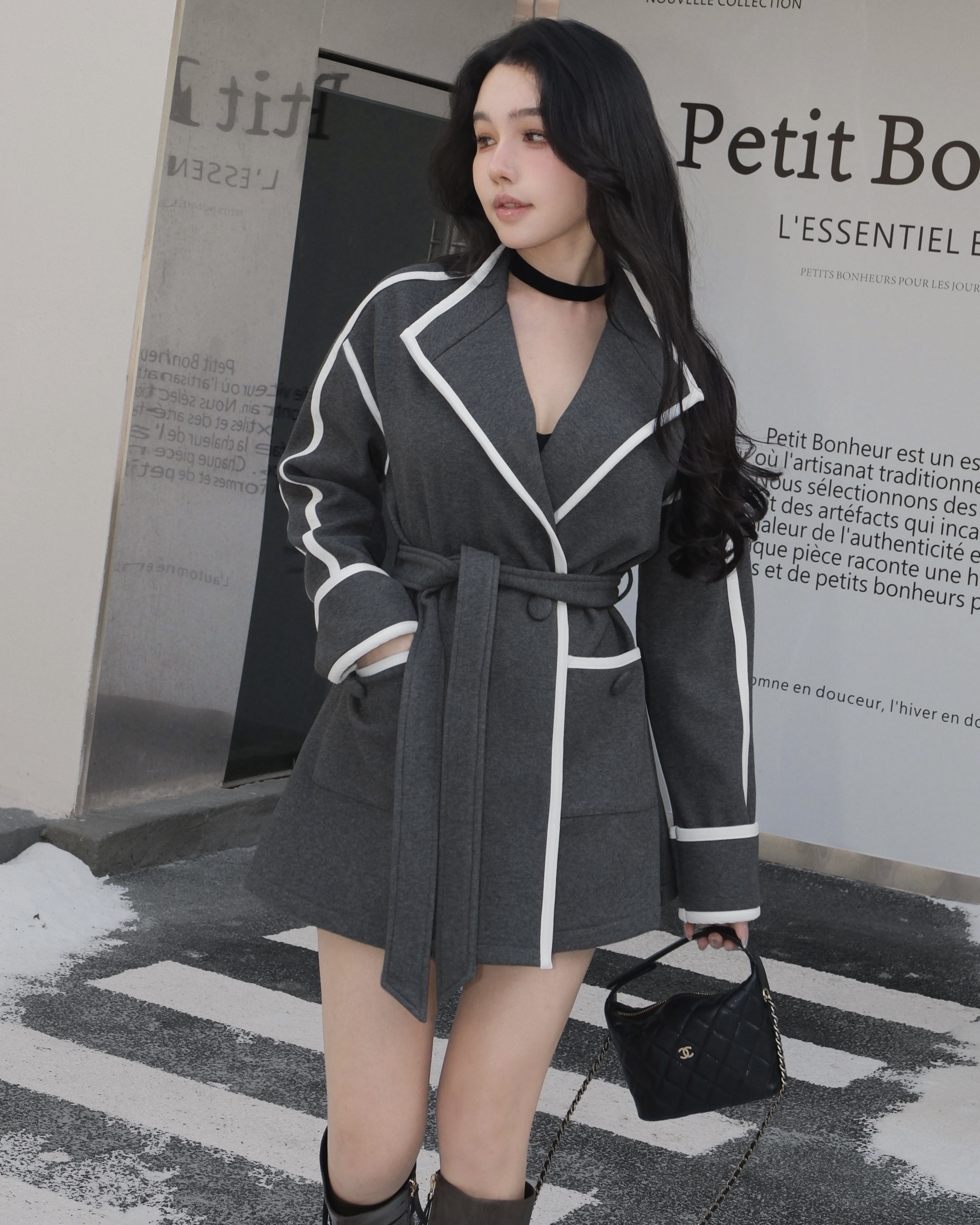 訂製-個性刷毛白滾邊風衣外套