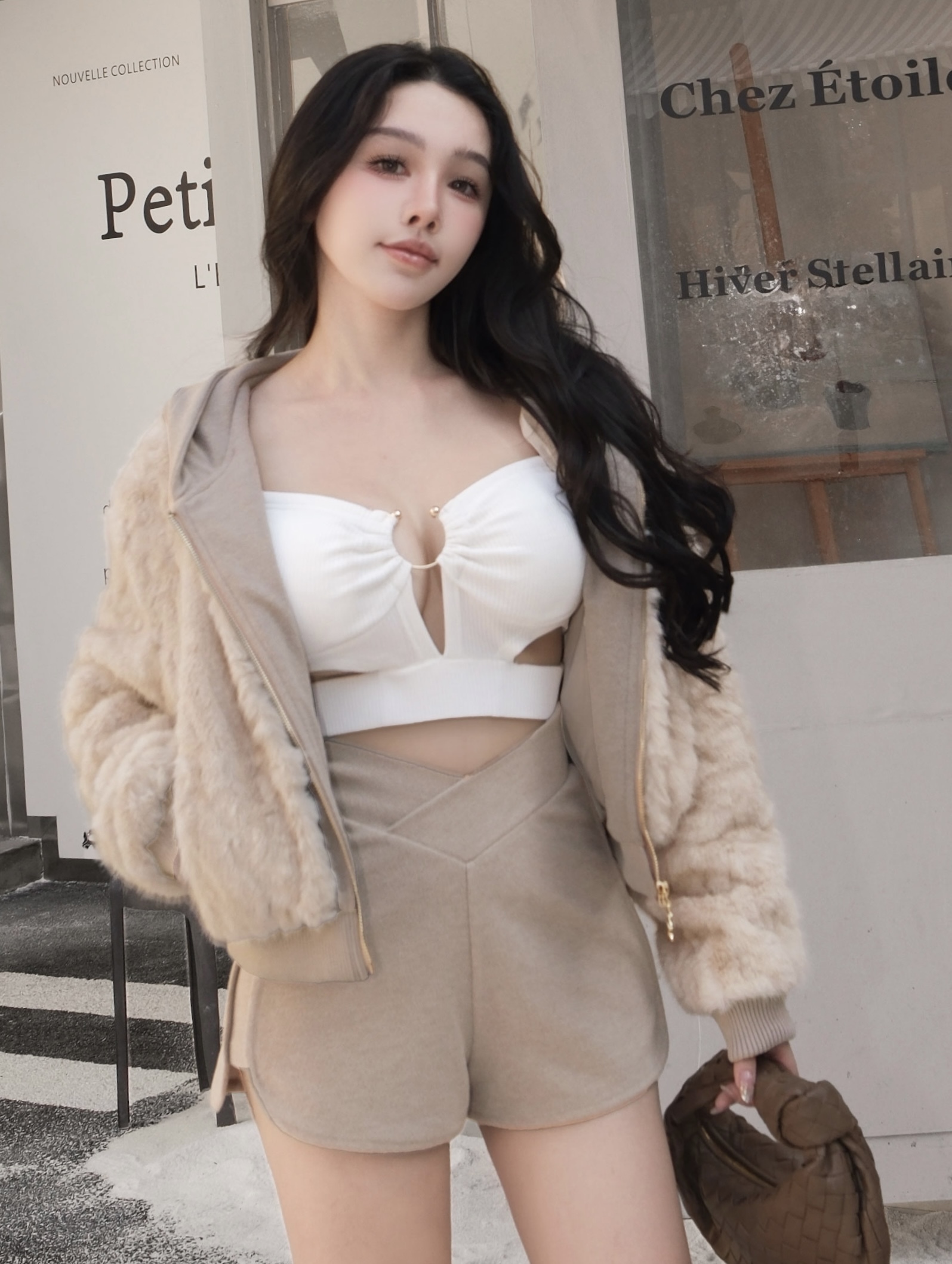 訂製-質感毛毛拉鍊連帽外套短褲套裝