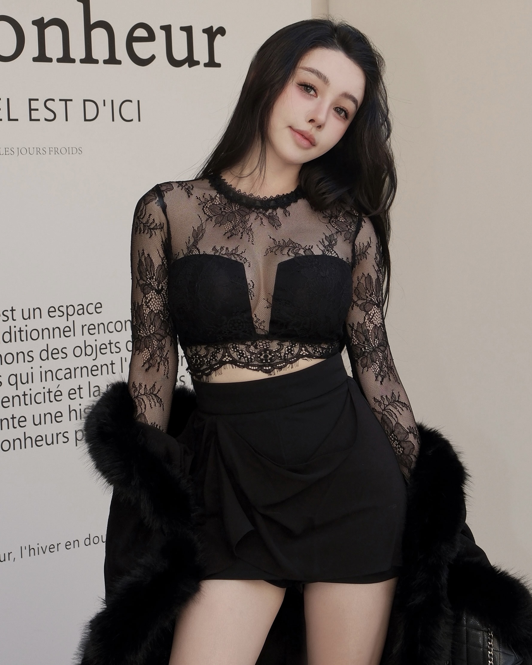 訂製-性感透視睫毛蕾絲長袖上衣