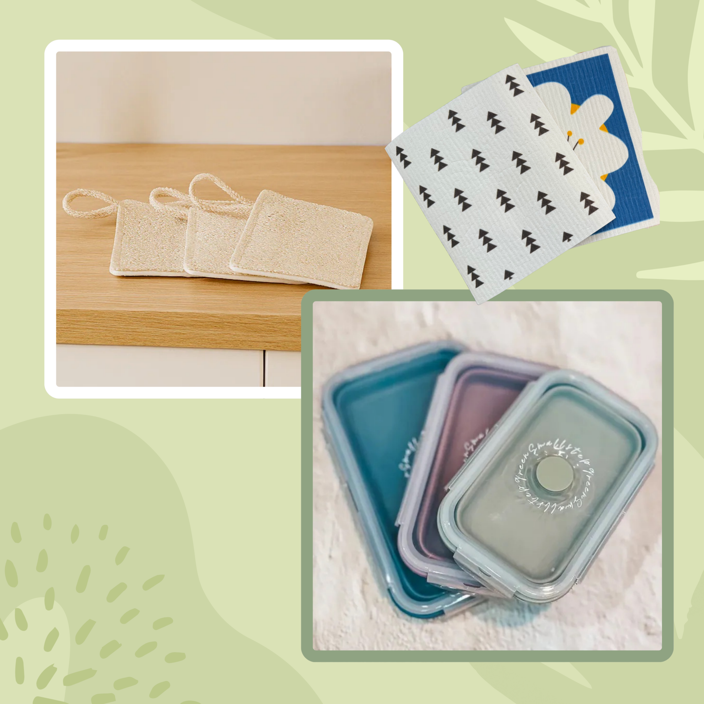 【優惠組合】無塑廚房三寶組｜綜合尺寸折疊矽膠餐盒＋絲瓜絡菜瓜布＋木漿棉抹布