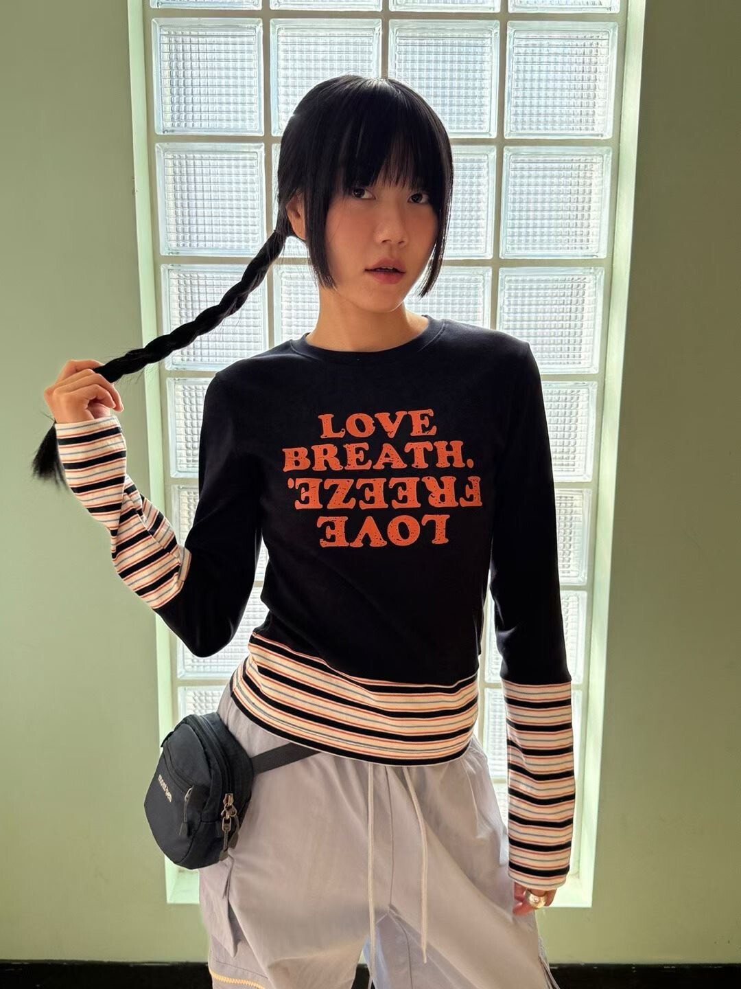 LOVE拼接條紋袖長袖T