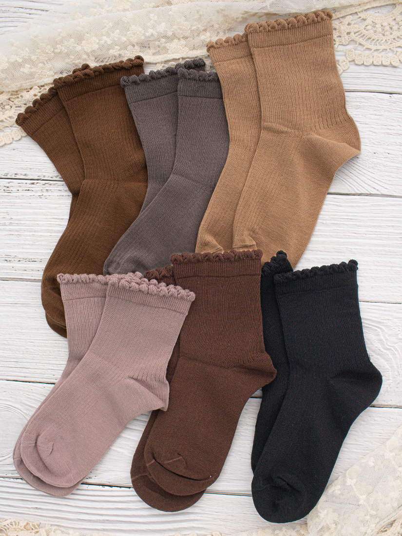 日常素色條紋木耳邊中筒襪