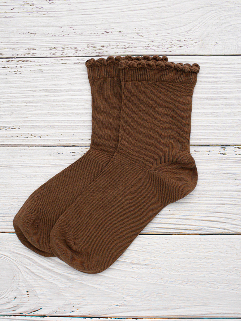 日常素色條紋木耳邊中筒襪