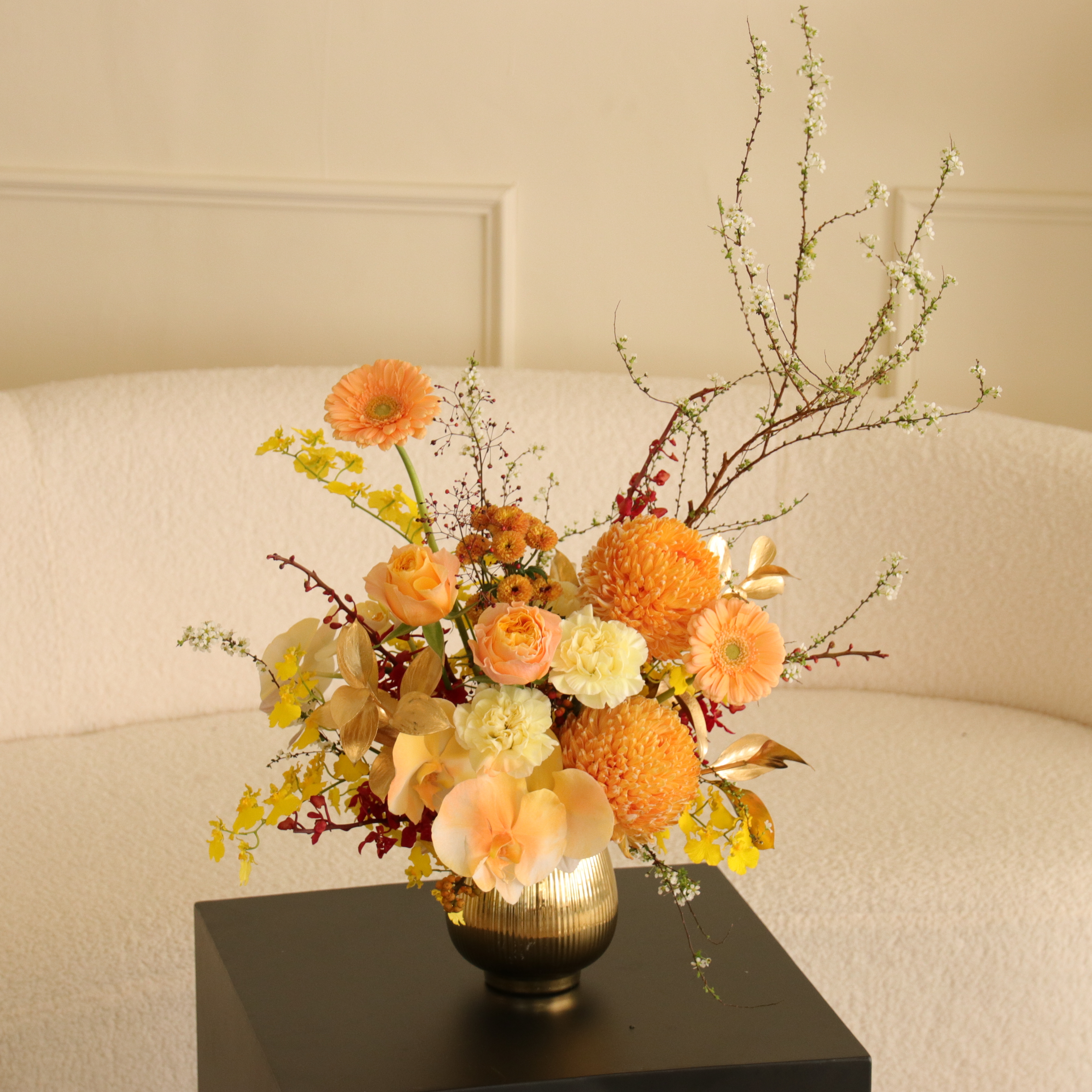 新春花禮-金燦曦光 暖黃橘色系鮮花桌花