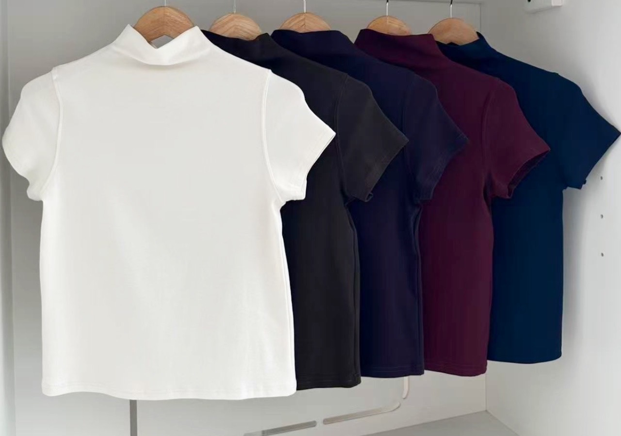 SHORT SLEEVE SOFT FABRIC HIGH NECK BLOUSE