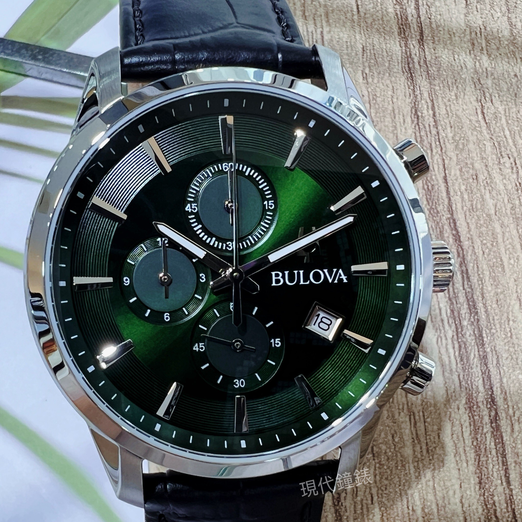 【BULOVA 寶路華】Sutton 系列 綠色三眼皮革男錶96B413 41mm 現代鐘錶