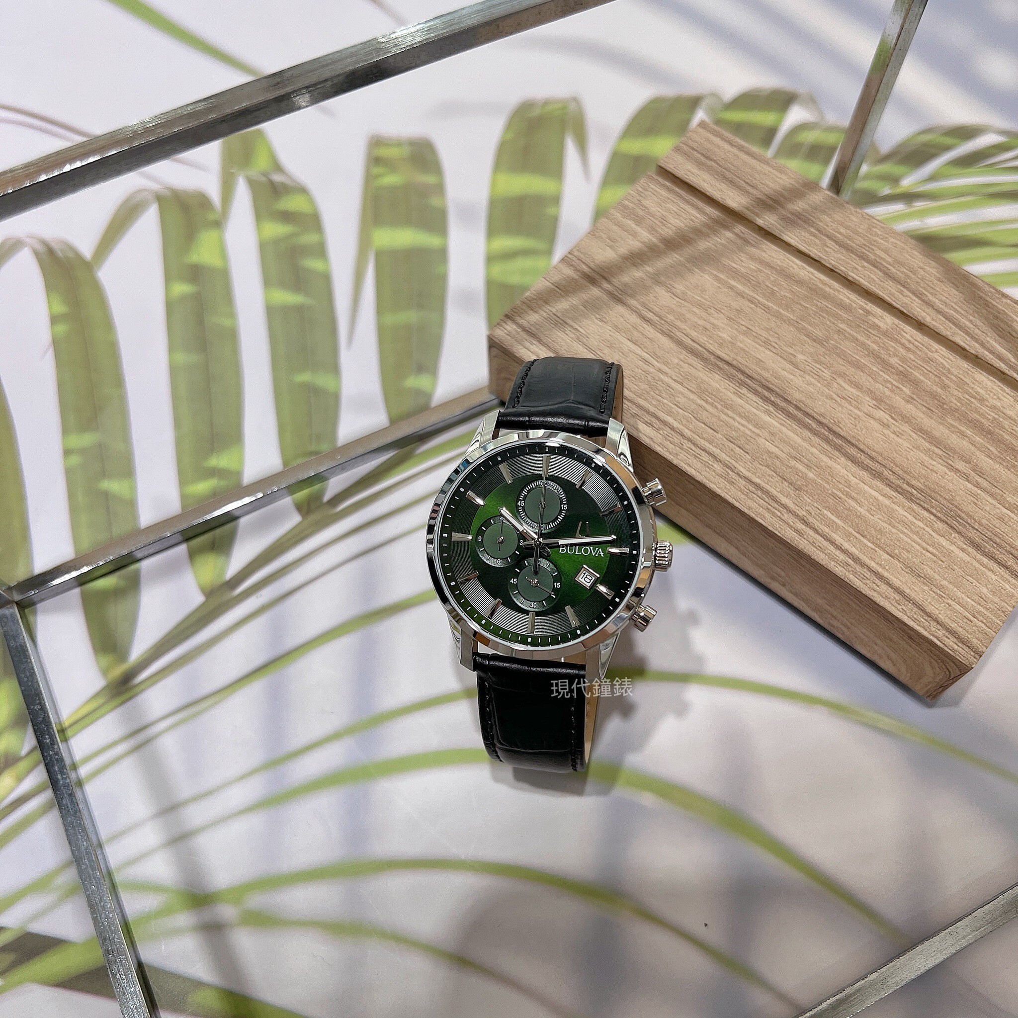 【BULOVA 寶路華】Sutton 系列 綠色三眼皮革男錶96B413 41mm 現代鐘錶