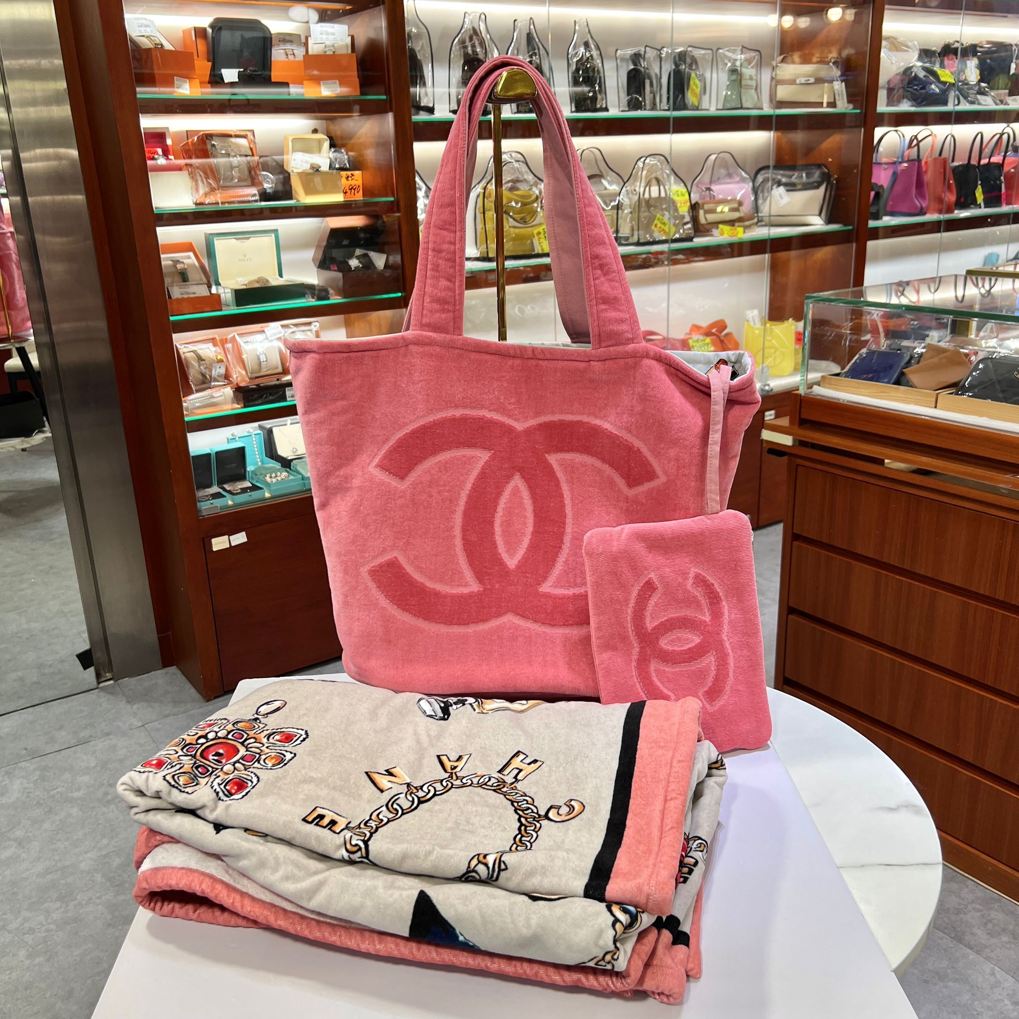 全新CHANEL TERRY COTTON CC BEACH  TOTE TOWEL SET PINK 沙灘袋連毛巾粉色 #BRAND NEW #香榭站正品