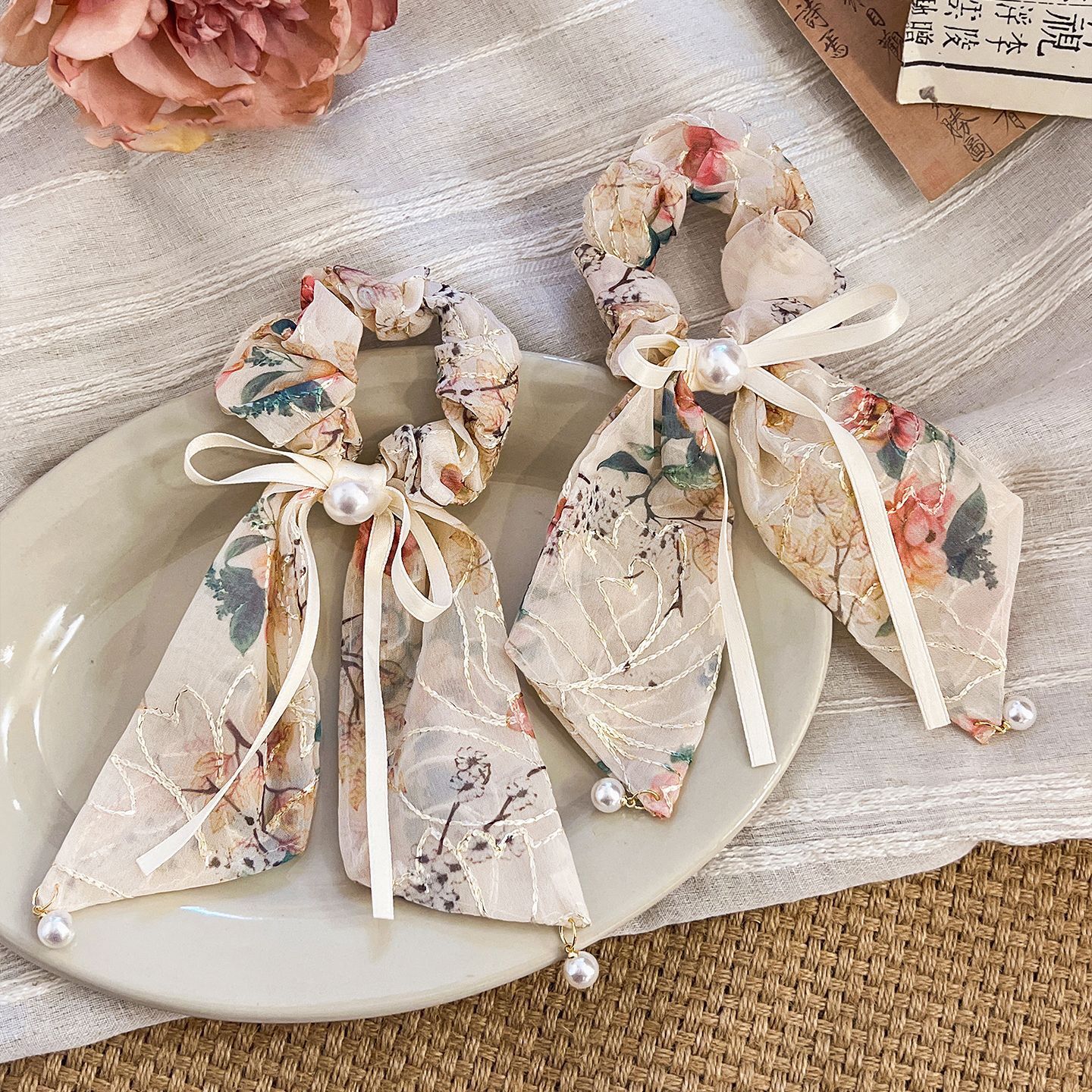 [2 FOR RM10] Chinese Embroidered Floral Bow Ribbon Hair Scrunchies