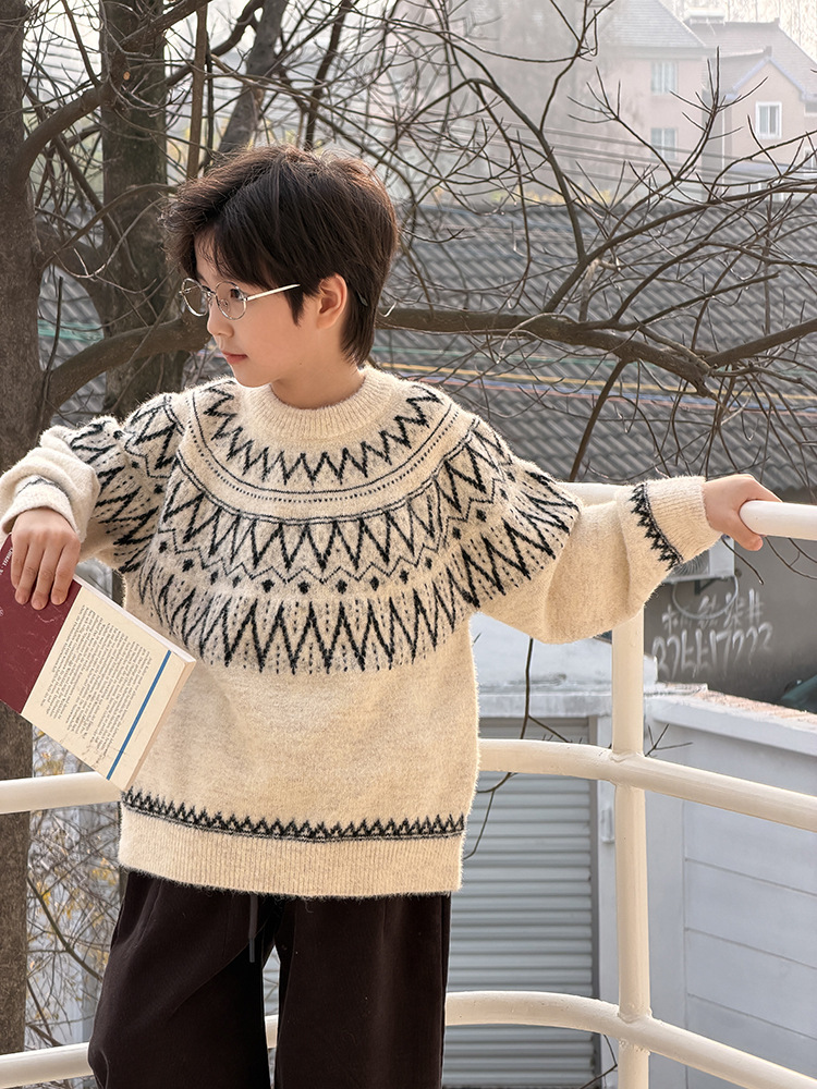 【H0262】復古費爾島加厚針織羊駝毛衣(90-160)