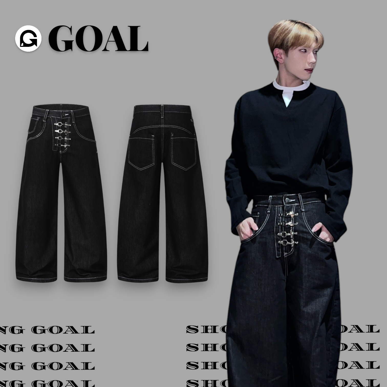 (GOAL) 美式飛機扣 牛仔寬褲 UNF K313