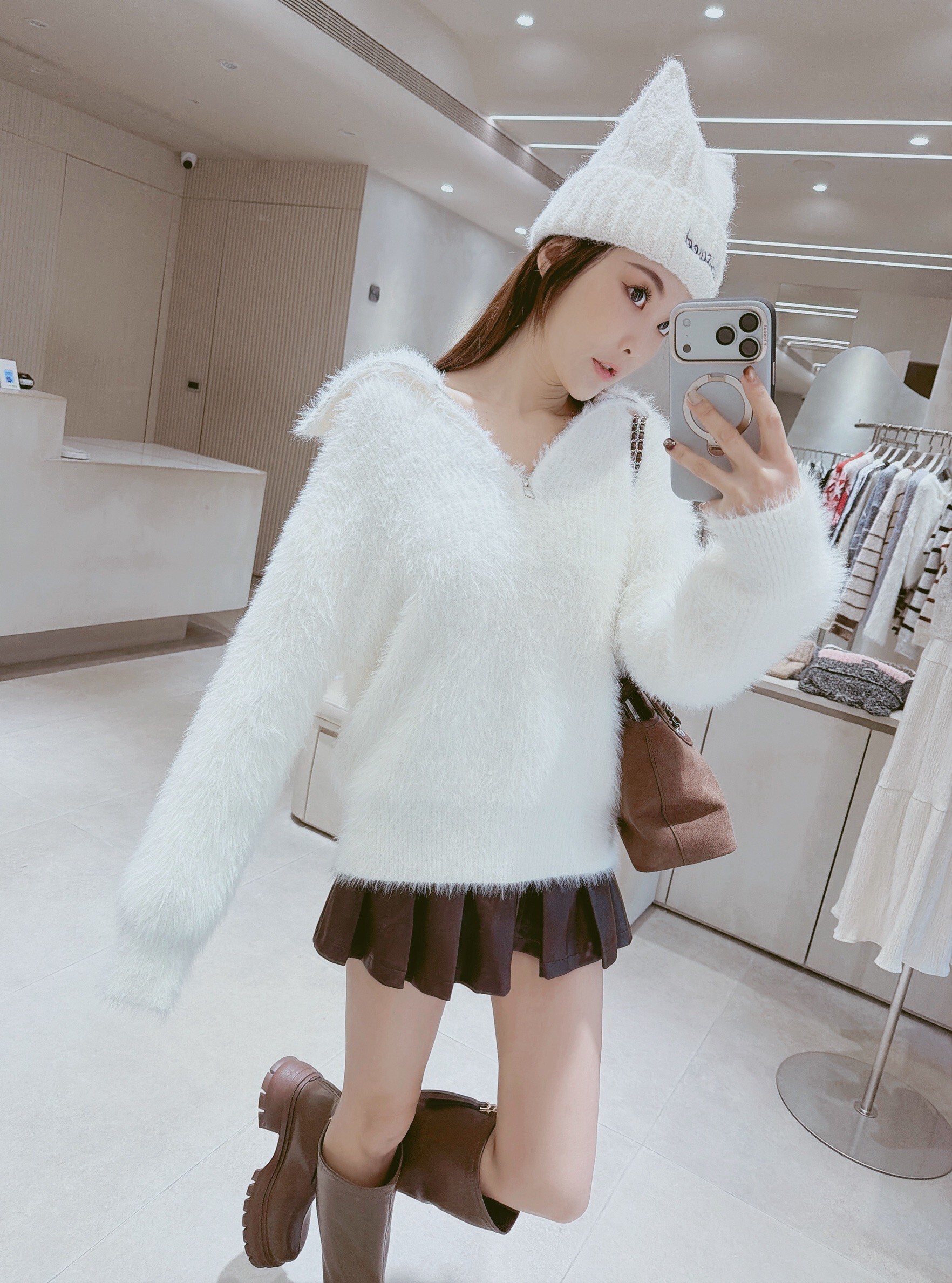 前拉鍊翻領水貂毛針織衣