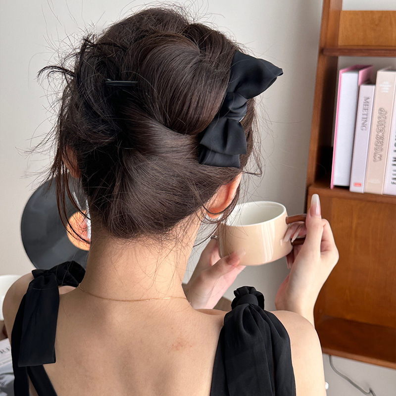 Modern Chinese Black Fabric Bow U-Shaped Hair Pin