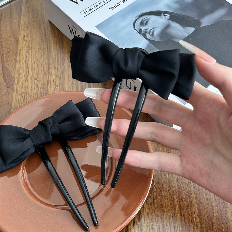 Modern Chinese Black Fabric Bow U-Shaped Hair Pin
