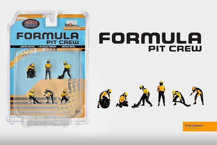 PO-$89 * AMERICAN DIORAMA * 1:64 Formula Pit Crew Figures – Team Orange
