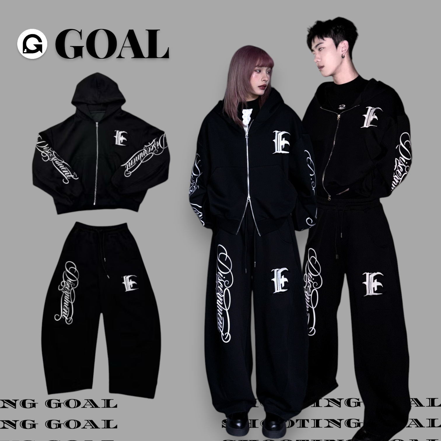 (GOAL) DCM x ECHO 貼布刺繡草寫 連帽外套 棉褲 套裝