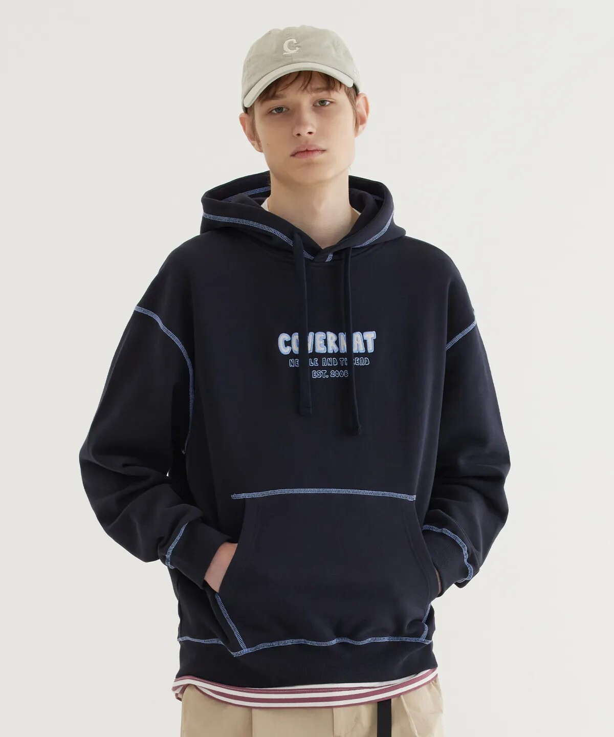 【OWN】Covernat 長袖 上衣 連帽 帽踢 休閒 秋冬 不分男女 深藍 米白